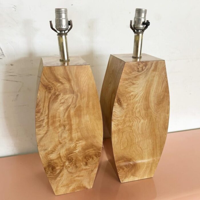 postmodern burl wood laminate table lamps a pair 0961