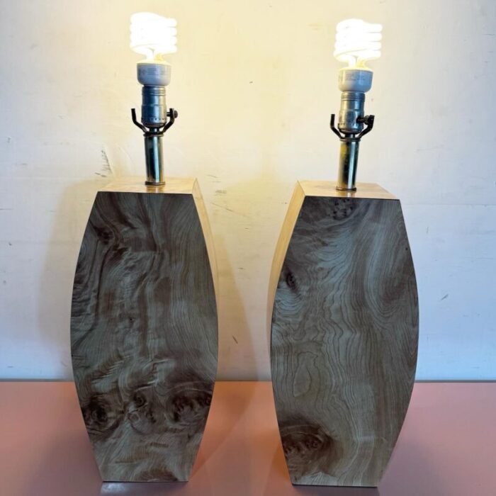 postmodern burl wood laminate table lamps a pair 3952