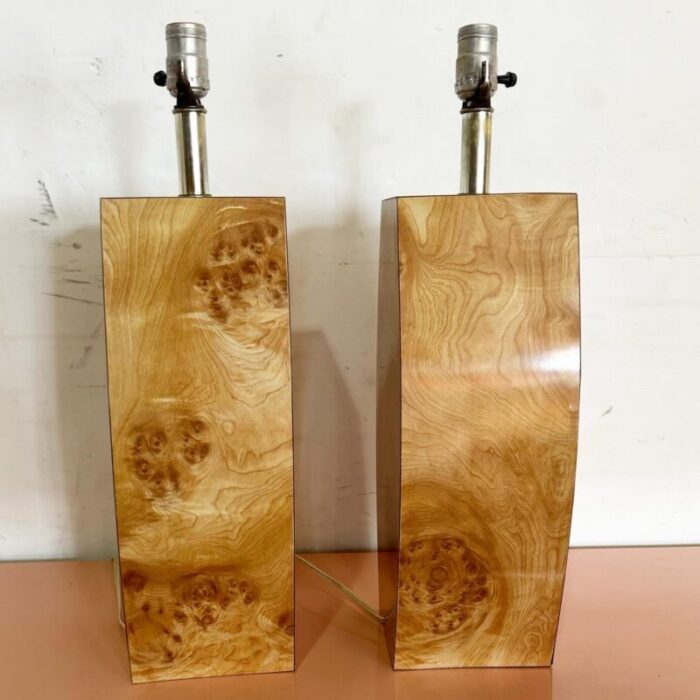 postmodern burl wood laminate table lamps a pair 8232