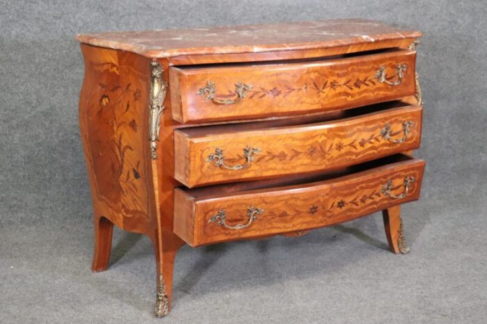 quality three drawer french louis xv marble top commode 7611