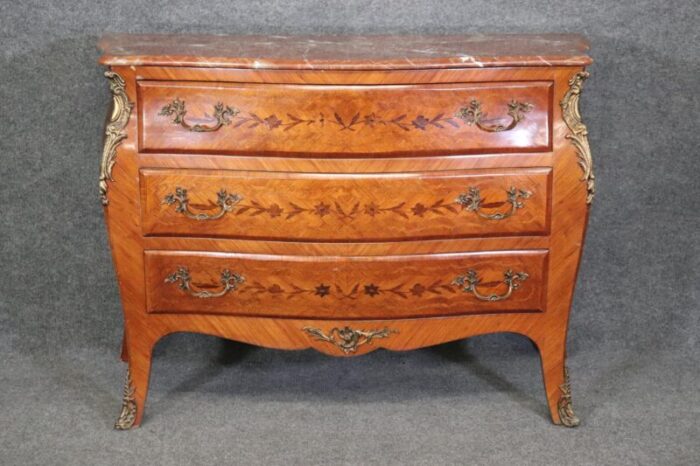 quality three drawer french louis xv marble top commode 9327