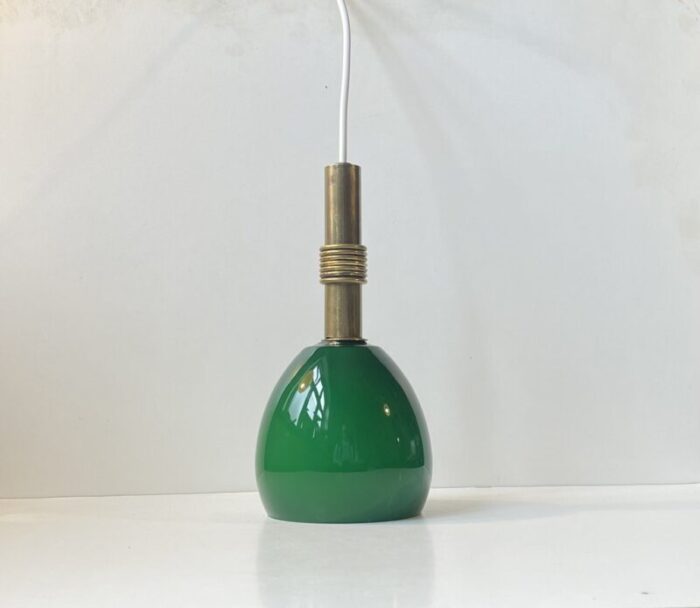 scandinavian modern ceiling lamp in brass and cased green glass 1950s 1