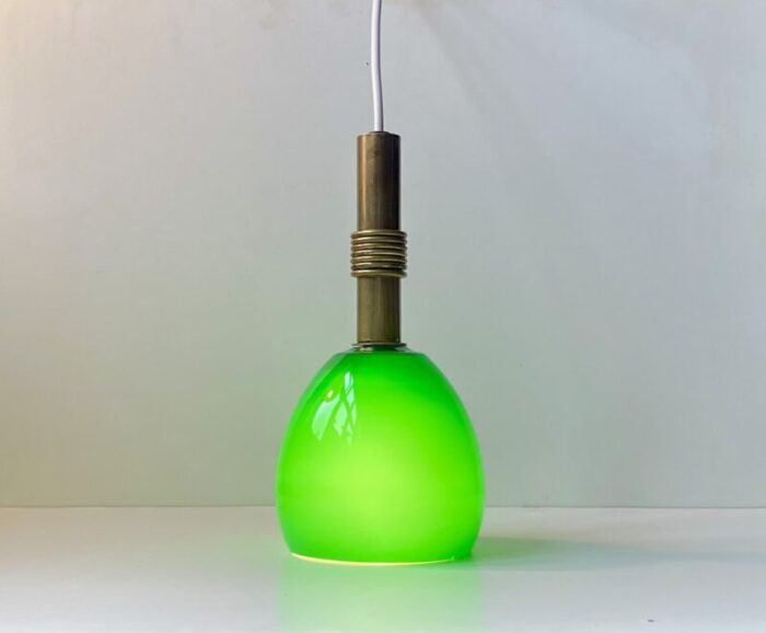 scandinavian modern ceiling lamp in brass and cased green glass 1950s 3