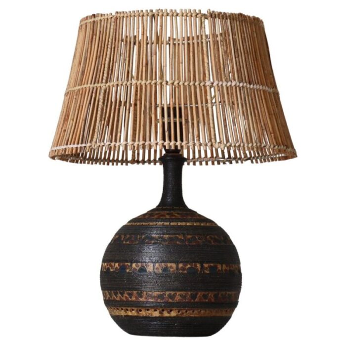 scandinavian modern ceramic rattan table lamp attributed to jette helleroe 1970s 1