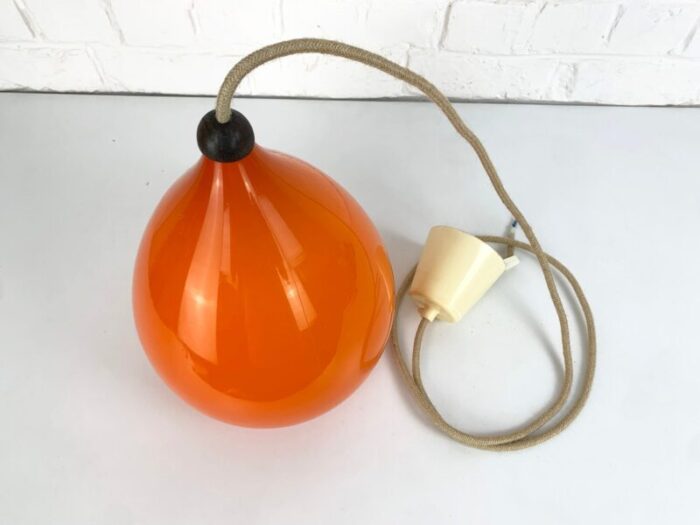 scandinavian pendant lamp in orange glass and teak by uno oesten kristiansson for luxus 1960s 10