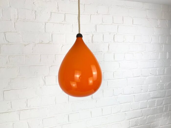 scandinavian pendant lamp in orange glass and teak by uno oesten kristiansson for luxus 1960s 5