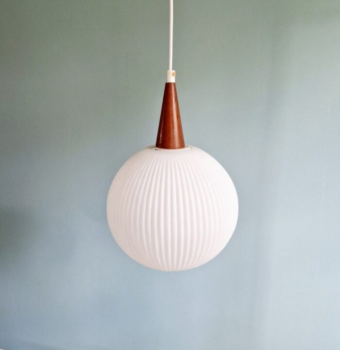 scandinavian pendant light in teak and white satin glass 1960s 14