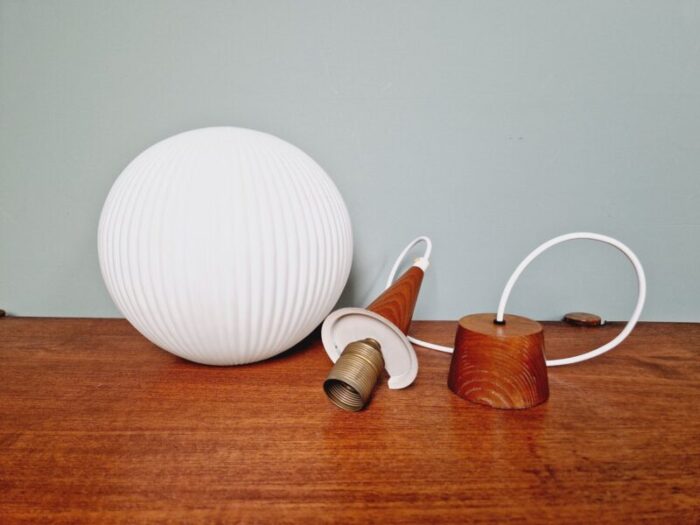 scandinavian pendant light in teak and white satin glass 1960s 4