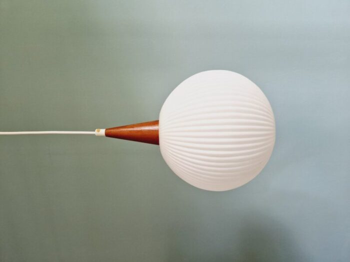 scandinavian pendant light in teak and white satin glass 1960s 7