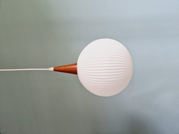 scandinavian pendant light in teak and white satin glass 1960s 9