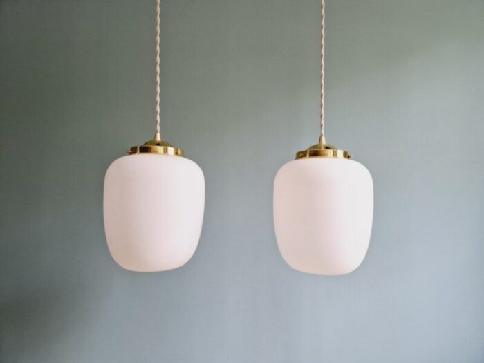 scandinavian pendant lights in white satin glass 1960s set of 2 1