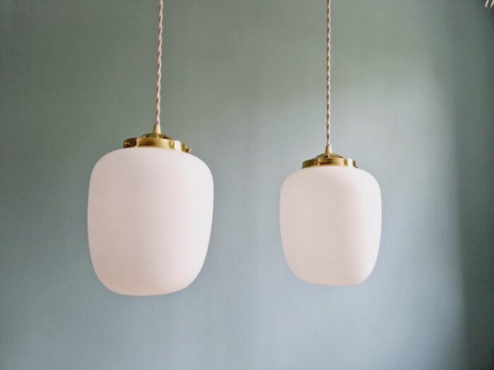 scandinavian pendant lights in white satin glass 1960s set of 2 11