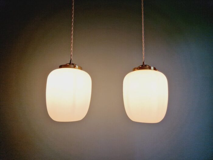 scandinavian pendant lights in white satin glass 1960s set of 2 2