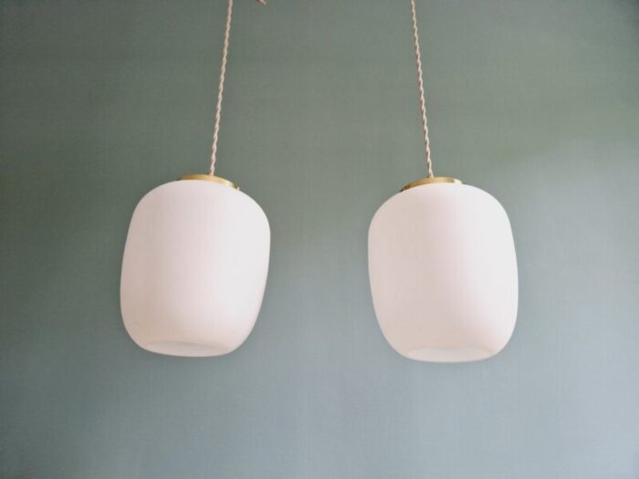 scandinavian pendant lights in white satin glass 1960s set of 2 3