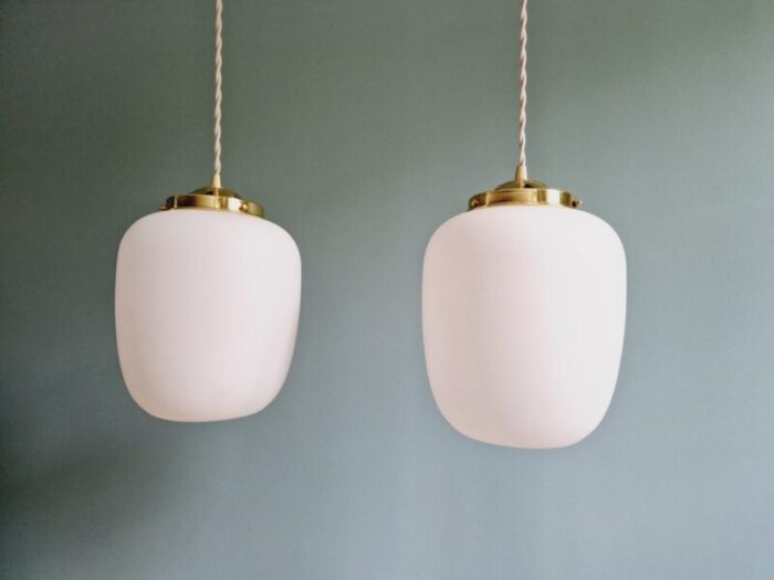 scandinavian pendant lights in white satin glass 1960s set of 2 8