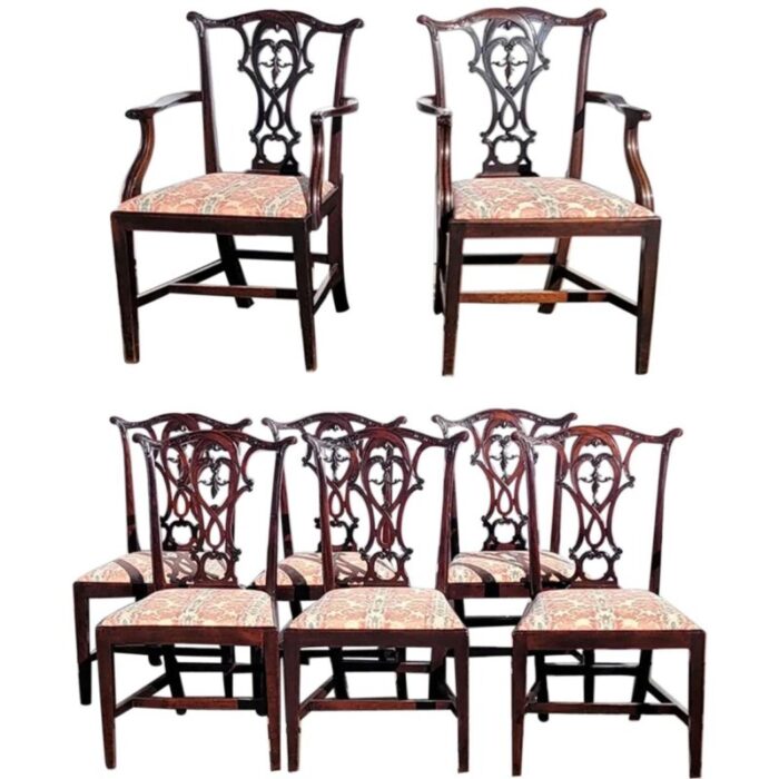 set eight english chippendale style honduras mahogany upholstered seat dining chairs 8124