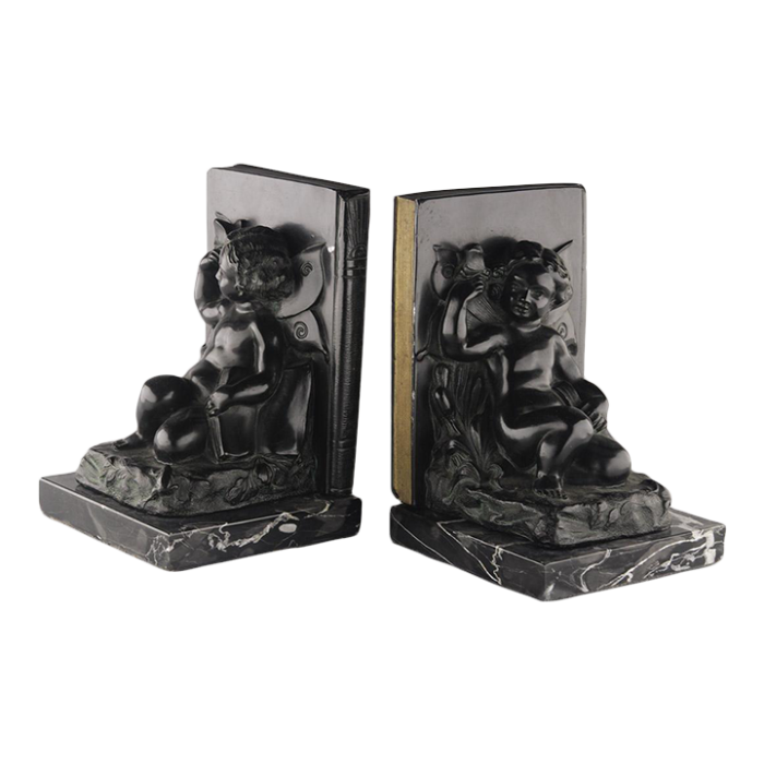 set of 2 early 20th century french art deco zamac winged cherubfairy child bookends with marble base 1001