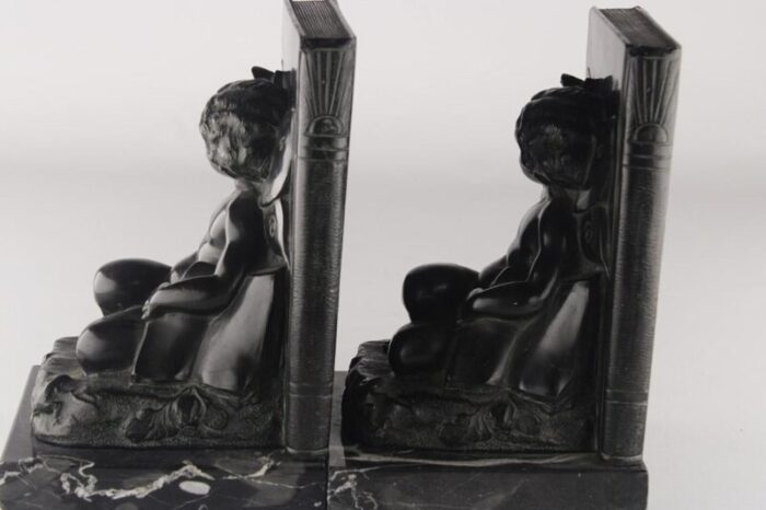 set of 2 early 20th century french art deco zamac winged cherubfairy child bookends with marble base 1325