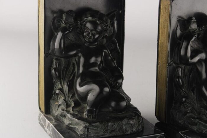 set of 2 early 20th century french art deco zamac winged cherubfairy child bookends with marble base 5886