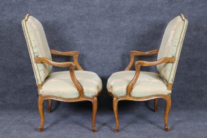 silk damask upholstered french louis xv style armchairs a pair 2137