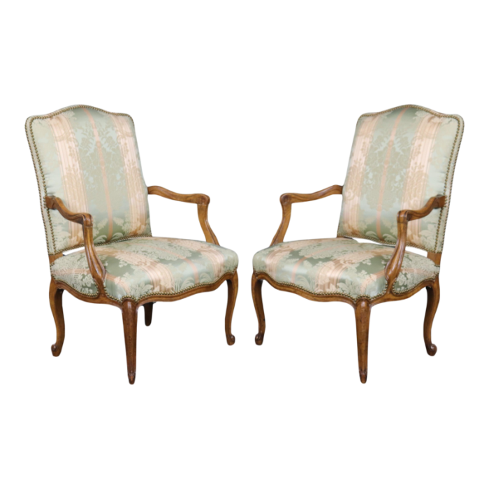 silk damask upholstered french louis xv style armchairs a pair 4609