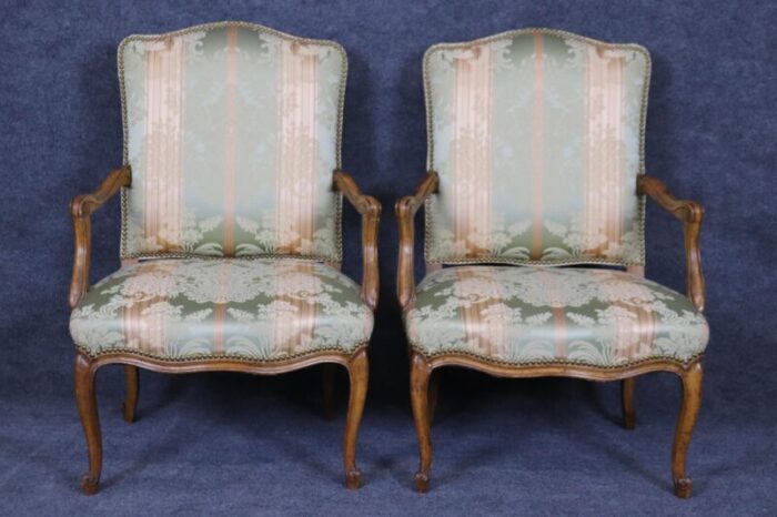 silk damask upholstered french louis xv style armchairs a pair 9563