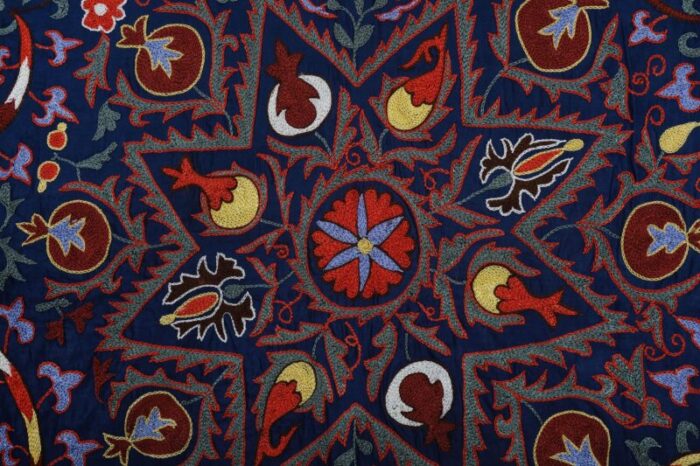 silk suzani wall decor blue uzbek embroidery bedspread 1786