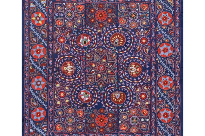 silk suzani wall decor blue uzbek embroidery bedspread 6599