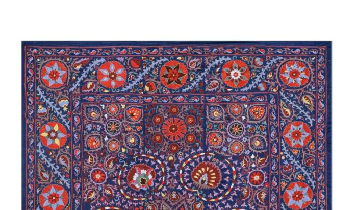 silk suzani wall decor blue uzbek embroidery bedspread 6690