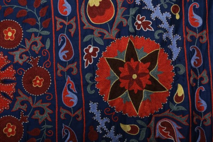 silk suzani wall decor blue uzbek embroidery bedspread 7124