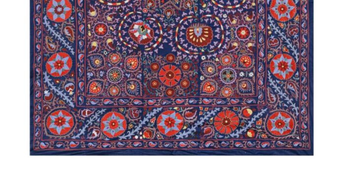 silk suzani wall decor blue uzbek embroidery bedspread 9703