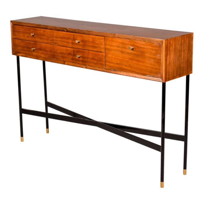 slender mid century console cabinet on black metal legs 3944