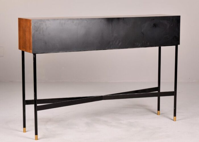 slender mid century console cabinet on black metal legs 4792