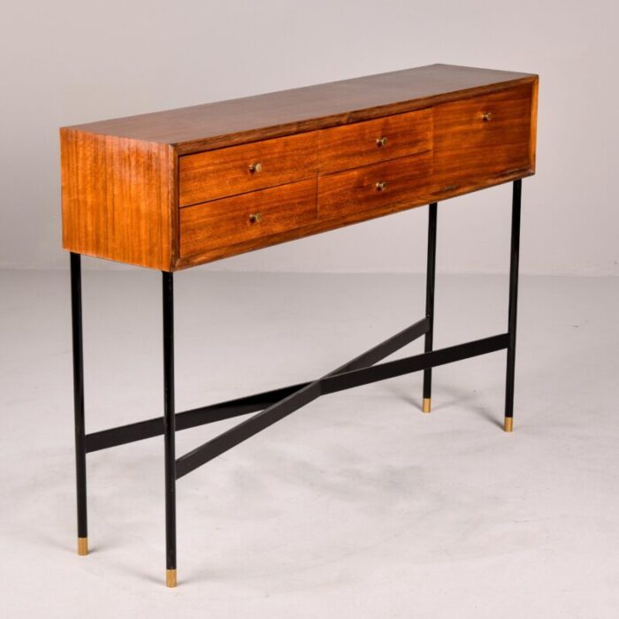 slender mid century console cabinet on black metal legs 6940