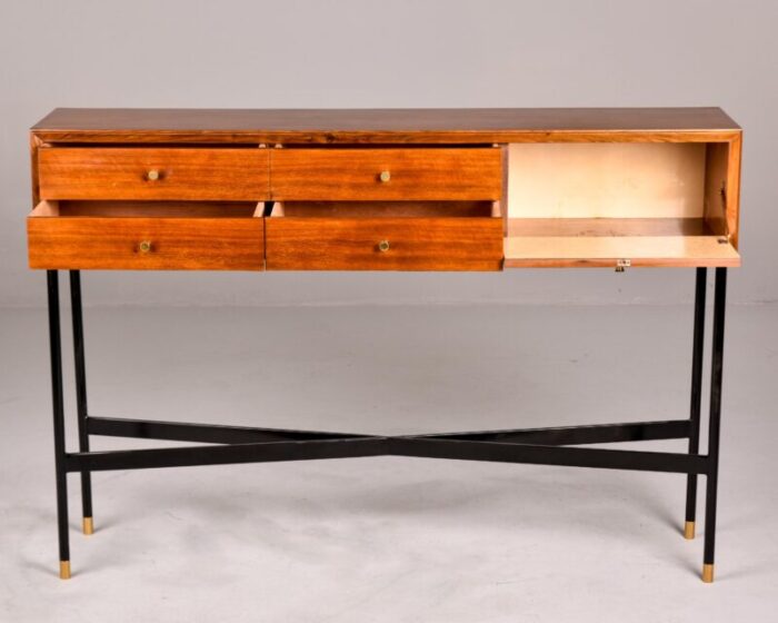 slender mid century console cabinet on black metal legs 9688