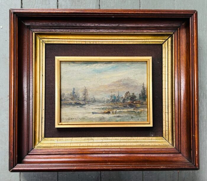 small antique european framed landscape oil painting 7986