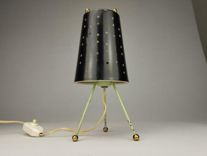 small mid century tripod table lamp with perforated metal shade 1950 2432