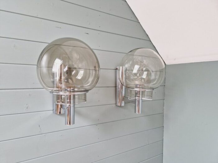 space age wall lights in chrome metal and smoked glass from massive 1970s set of 2 1