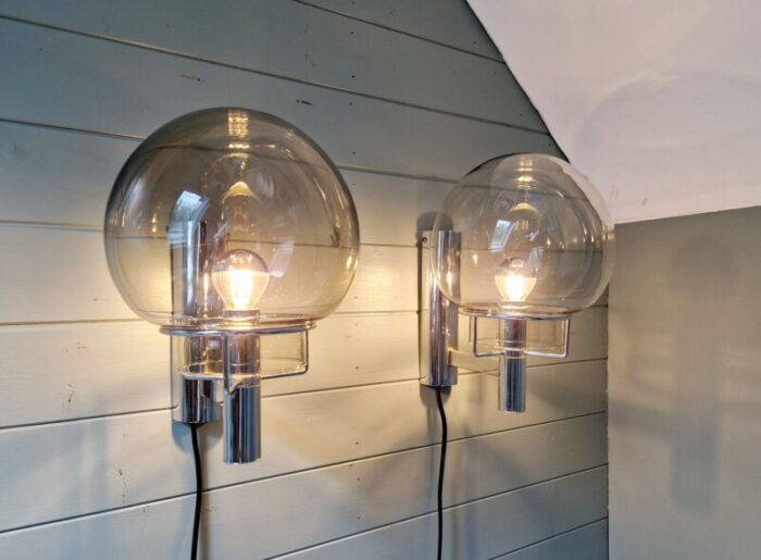 space age wall lights in chrome metal and smoked glass from massive 1970s set of 2 11