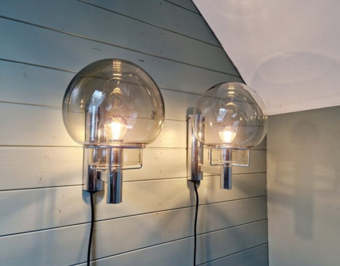 space age wall lights in chrome metal and smoked glass from massive 1970s set of 2 2