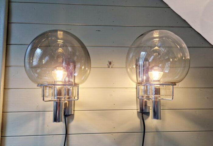 space age wall lights in chrome metal and smoked glass from massive 1970s set of 2 4