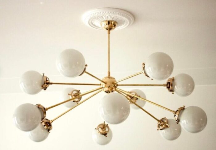 sputnik chandelier in brass with 12 opaline spheres 3