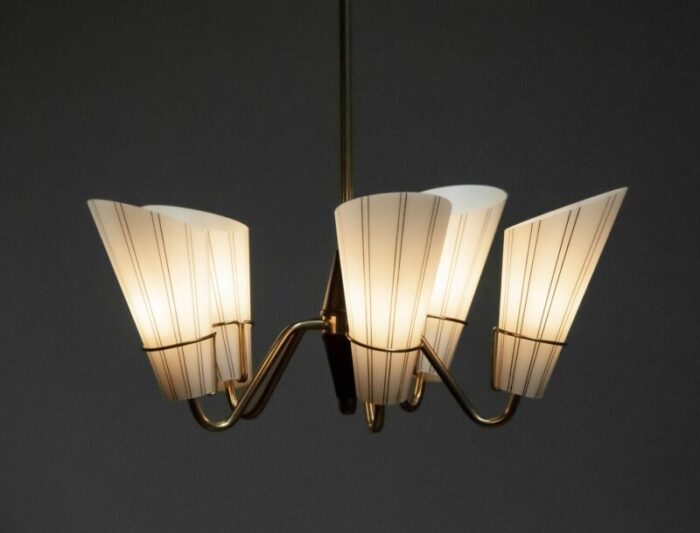 swedish brass five arm chandelier with frosted art glass shades from asea 1950s 1