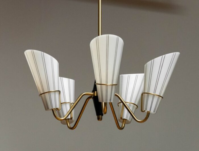 swedish brass five arm chandelier with frosted art glass shades from asea 1950s 2