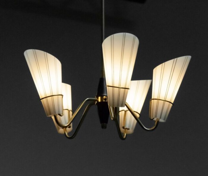 swedish brass five arm chandelier with frosted art glass shades from asea 1950s 5