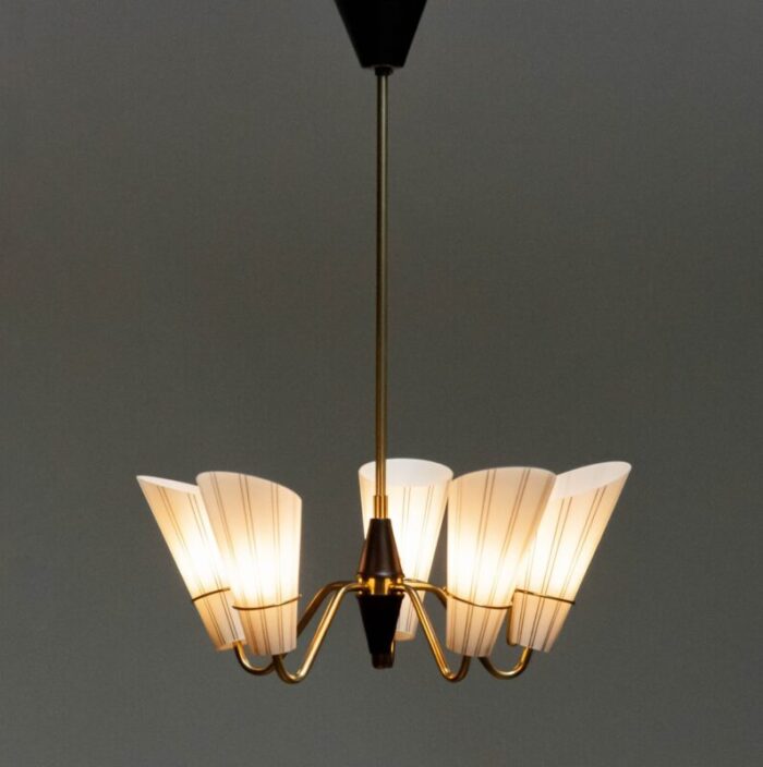 swedish brass five arm chandelier with frosted art glass shades from asea 1950s 6