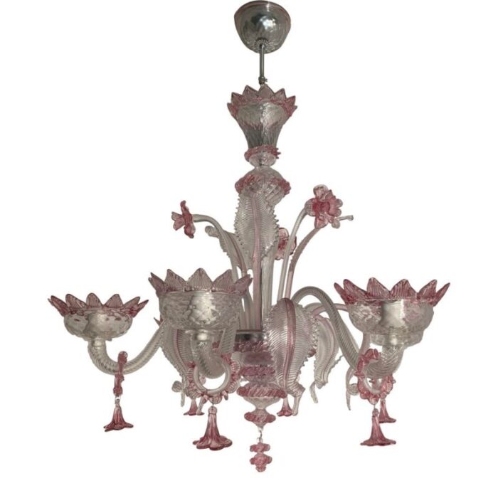 transparent and pink murano style glass chandelier with flowers and leaves from simoeng 1