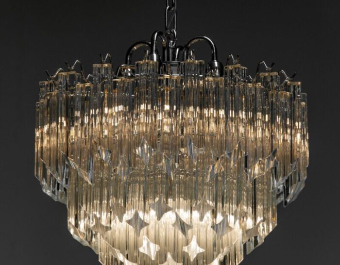 venini chrome tiered chandelier with 91 clear triedri murano crystals italy 1980s 1