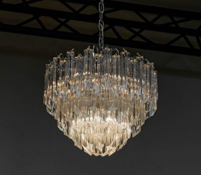 venini chrome tiered chandelier with 91 clear triedri murano crystals italy 1980s 2