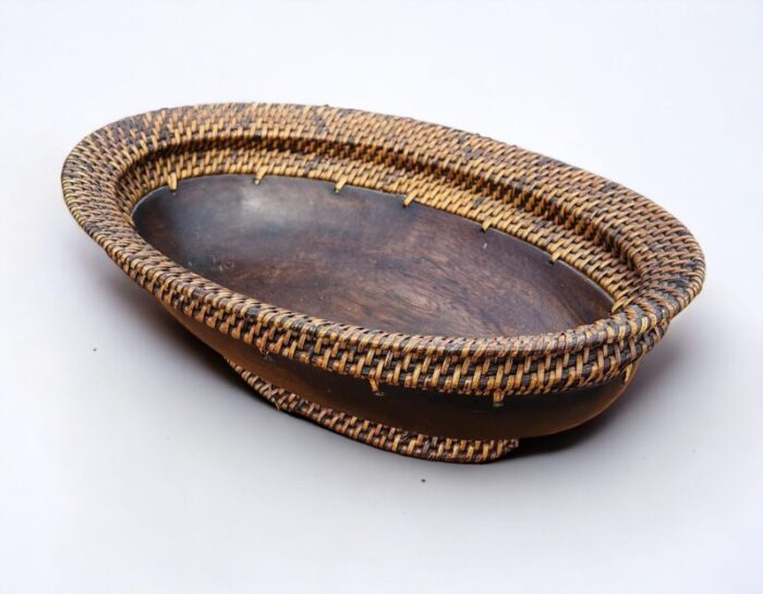 very nice walnut turned oval bowl with woven wicker rim and base 1990s 0096